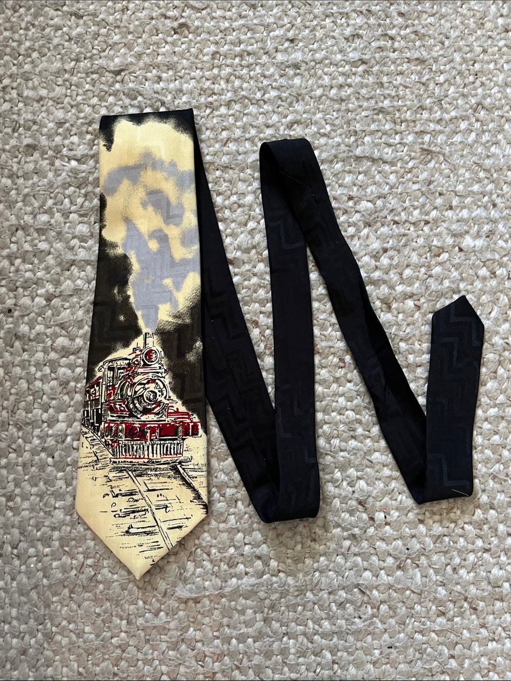 Men's Novelty Hand Made Silk Necktie Vintage Graphic of Steam Train